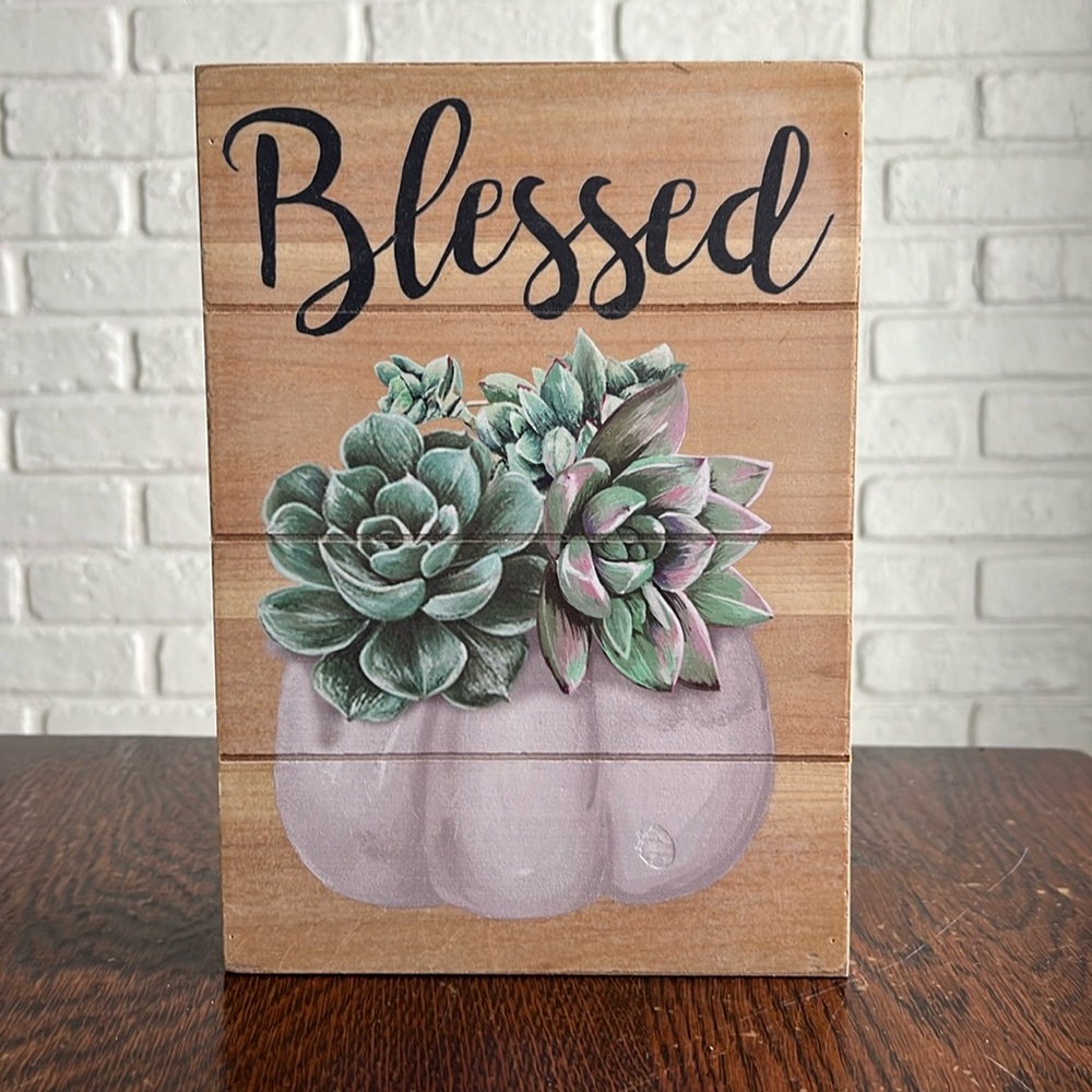 “Blessed” sign with light purple/gray pumpkin and succulents